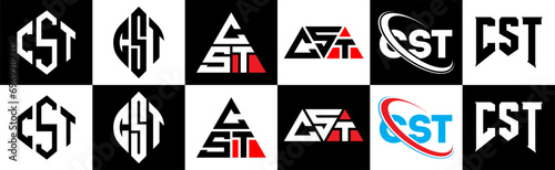 CST letter logo design in six style. CST polygon, circle, triangle, hexagon, flat and simple style with black and white color variation letter logo set in one artboard. CST minimalist and classic logo
