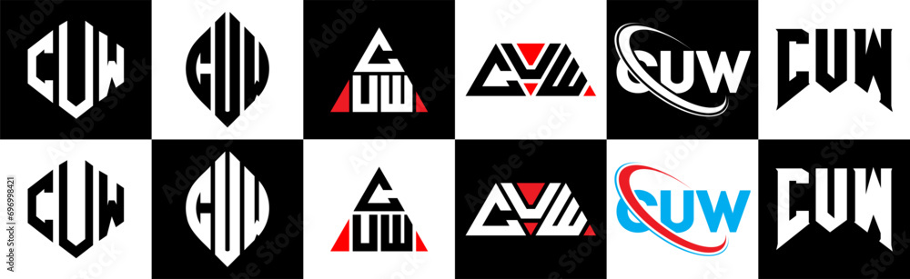 CUW letter logo design in six style. CUW polygon, circle, triangle, hexagon, flat and simple style with black and white color variation letter logo set in one artboard. CUW minimalist and classic logo CUW letter logo design in six style. CUW polygon, circle, triangle, hexagon, flat and simple style with black and white color variation letter logo set in one artboard. CUW minimalist and classic logo