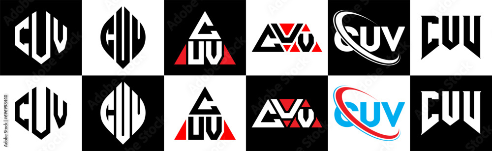 CUV letter logo design in six style. CUV polygon, circle, triangle, hexagon, flat and simple style with black and white color variation letter logo set in one artboard. CUV minimalist and classic logo CUV letter logo design in six style. CUV polygon, circle, triangle, hexagon, flat and simple style with black and white color variation letter logo set in one artboard. CUV minimalist and classic logo