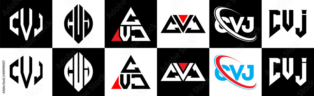 CVJ letter logo design in six style. CVJ polygon, circle, triangle, hexagon, flat and simple style with black and white color variation letter logo set in one artboard. CVJ minimalist and classic logo CVJ letter logo design in six style. CVJ polygon, circle, triangle, hexagon, flat and simple style with black and white color variation letter logo set in one artboard. CVJ minimalist and classic logo