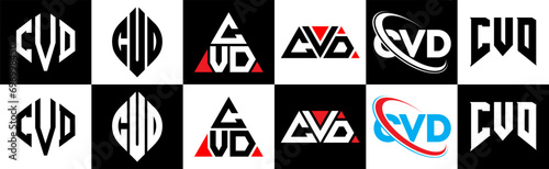 CVD letter logo design in six style. CVD polygon, circle, triangle, hexagon, flat and simple style with black and white color variation letter logo set in one artboard. CVD minimalist and classic logo