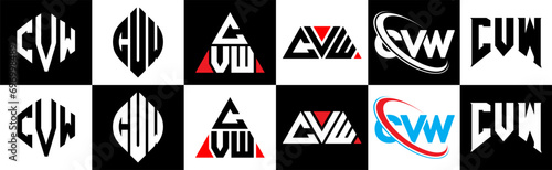 CVW letter logo design in six style. CVW polygon, circle, triangle, hexagon, flat and simple style with black and white color variation letter logo set in one artboard. CVW minimalist and classic logo photo