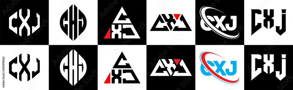 CXJ letter logo design in six style. CXJ polygon, circle, triangle, hexagon, flat and simple style with black and white color variation letter logo set in one artboard. CXJ minimalist and classic logo CXJ letter logo design in six style. CXJ polygon, circle, triangle, hexagon, flat and simple style with black and white color variation letter logo set in one artboard. CXJ minimalist and classic logo
