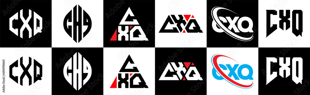 CXQ letter logo design in six style. CXQ polygon, circle, triangle, hexagon, flat and simple style with black and white color variation letter logo set in one artboard. CXQ minimalist and classic logo CXQ letter logo design in six style. CXQ polygon, circle, triangle, hexagon, flat and simple style with black and white color variation letter logo set in one artboard. CXQ minimalist and classic logo