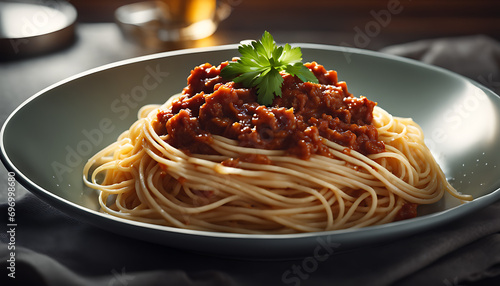 a plate of cooked spaghetti topped with meat sauce and parsley