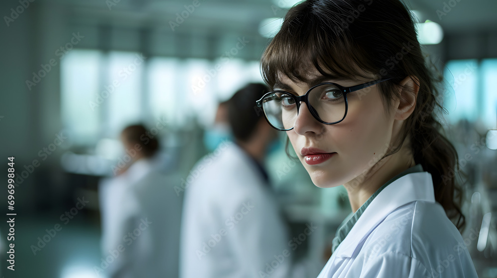 Beautiful young woman scientist wearing white coat and glasses in modern Medical Science Laboratory with Team of Specialists on background Beautiful young woman scientist wearing white coat and glasses in modern Medical Science Laboratory with Team of Specialists on background
