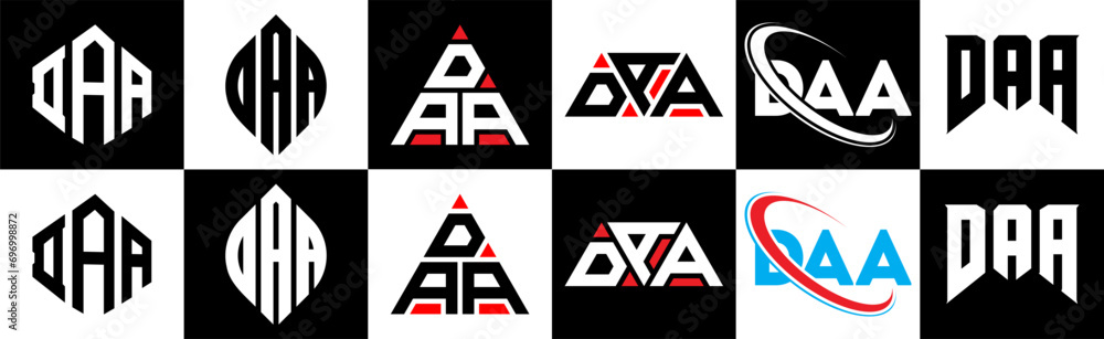 DAA letter logo design in six style. DAA polygon, circle, triangle, hexagon, flat and simple style with black and white color variation letter logo set in one artboard. DAA minimalist and classic logo DAA letter logo design in six style. DAA polygon, circle, triangle, hexagon, flat and simple style with black and white color variation letter logo set in one artboard. DAA minimalist and classic logo