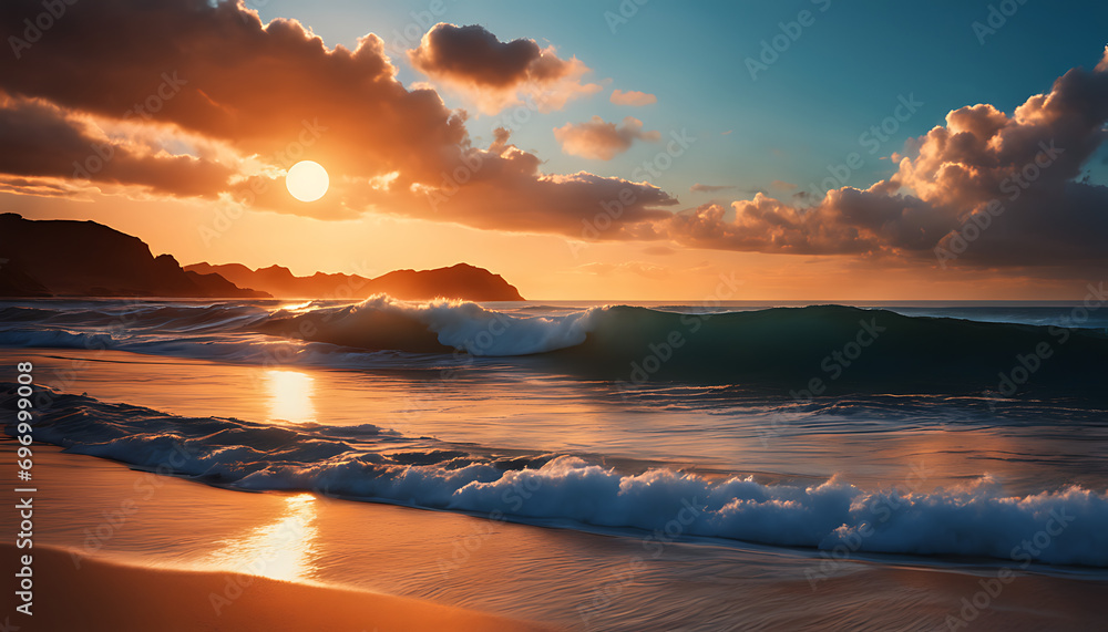 A serene ocean scene with a breathtaking sunset sets the stage for a calming 3D animation, as the deep blue ocean and warm orange sky create a stunning contrast