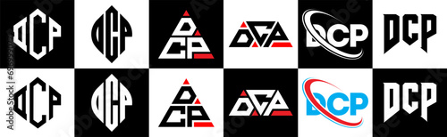 DCP letter logo design in six style. DCP polygon, circle, triangle, hexagon, flat and simple style with black and white color variation letter logo set in one artboard. DCP minimalist and classic logo