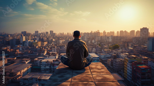 A photograph of a man sitting on the roof of the building with a view of the city panorama