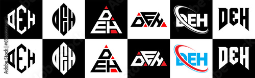 DEH letter logo design in six style. DEH polygon, circle, triangle, hexagon, flat and simple style with black and white color variation letter logo set in one artboard. DEH minimalist and classic logo photo