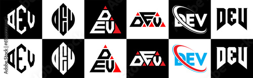 DEV letter logo design in six style. DEV polygon, circle, triangle, hexagon, flat and simple style with black and white color variation letter logo set in one artboard. DEV minimalist and classic logo