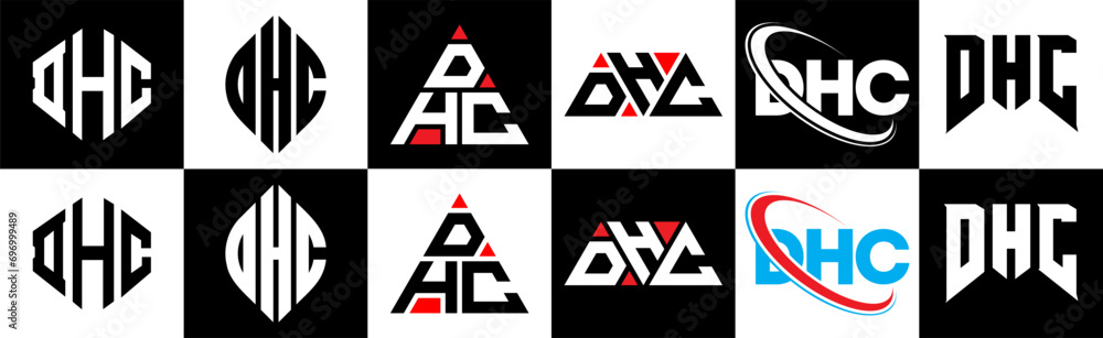 DHC letter logo design in six style. DHC polygon, circle, triangle, hexagon, flat and simple style with black and white color variation letter logo set in one artboard. DHC minimalist and classic logo DHC letter logo design in six style. DHC polygon, circle, triangle, hexagon, flat and simple style with black and white color variation letter logo set in one artboard. DHC minimalist and classic logo