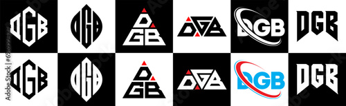 DGB letter logo design in six style. DGB polygon, circle, triangle, hexagon, flat and simple style with black and white color variation letter logo set in one artboard. DGB minimalist and classic logo photo