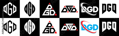 DGD letter logo design in six style. DGD polygon, circle, triangle, hexagon, flat and simple style with black and white color variation letter logo set in one artboard. DGD minimalist and classic logo photo