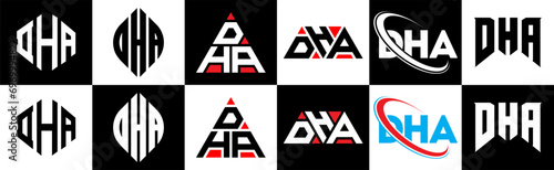 DHA letter logo design in six style. DHA polygon, circle, triangle, hexagon, flat and simple style with black and white color variation letter logo set in one artboard. DHA minimalist and classic logo