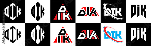 DIK letter logo design in six style. DIK polygon, circle, triangle, hexagon, flat and simple style with black and white color variation letter logo set in one artboard. DIK minimalist and classic logo