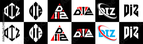 DIZ letter logo design in six style. DIZ polygon, circle, triangle, hexagon, flat and simple style with black and white color variation letter logo set in one artboard. DIZ minimalist and classic logo photo