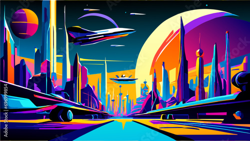 Galactic spaceships and futuristic cities. vektor icon illustation