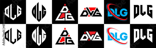 DLG letter logo design in six style. DLG polygon, circle, triangle, hexagon, flat and simple style with black and white color variation letter logo set in one artboard. DLG minimalist and classic logo