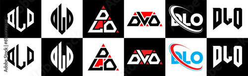 DLO letter logo design in six style. DLO polygon, circle, triangle, hexagon, flat and simple style with black and white color variation letter logo set in one artboard. DLO minimalist and classic logo