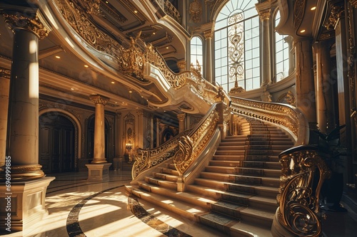 Unfold the story of luxury living through a visually stunning image showcasing the seamless intertwining of a grand staircase within an opulent interior © Fahad