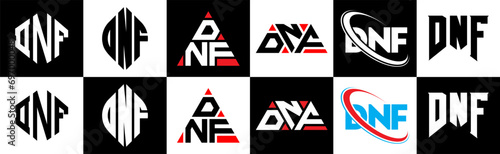 DNF letter logo design in six style. DNF polygon, circle, triangle, hexagon, flat and simple style with black and white color variation letter logo set in one artboard. DNF minimalist and classic logo photo