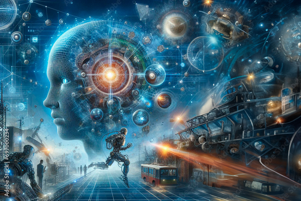 Artificial intelligence and humanity coexist in a futuristic urban landscape with advanced technology