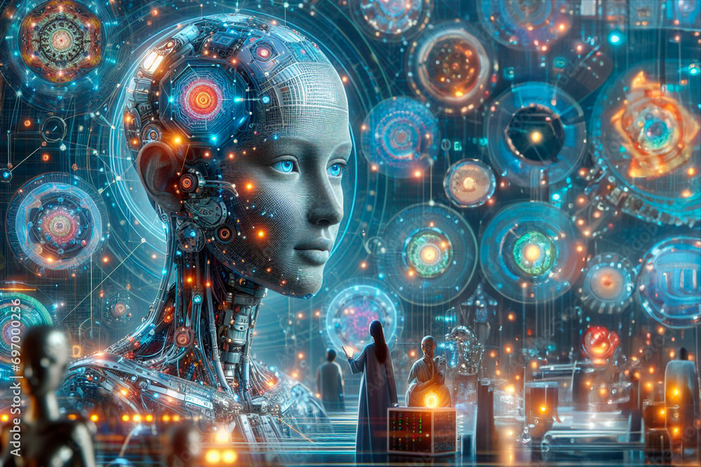 Artificial intelligence embodied in a futuristic robotic design interacting with holographic interfaces Artificial intelligence embodied in a futuristic robotic design interacting with holographic interfaces