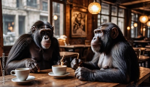 Two chimpanzee friends met at a café for cappuccinos and smart talk. Digitial illustration, wallpaper or poster, generative ai art. 