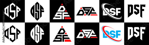 DSF letter logo design in six style. DSF polygon, circle, triangle, hexagon, flat and simple style with black and white color variation letter logo set in one artboard. DSF minimalist and classic logo photo
