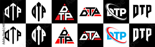 DTP letter logo design in six style. DTP polygon, circle, triangle, hexagon, flat and simple style with black and white color variation letter logo set in one artboard. DTP minimalist and classic logo