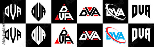 DVA letter logo design in six style. DVA polygon, circle, triangle, hexagon, flat and simple style with black and white color variation letter logo set in one artboard. DVA minimalist and classic logo