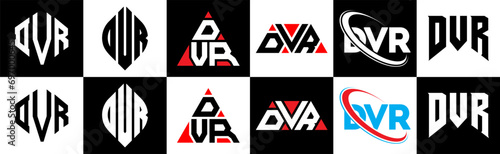 DVR letter logo design in six style. DVR polygon, circle, triangle, hexagon, flat and simple style with black and white color variation letter logo set in one artboard. DVR minimalist and classic logo