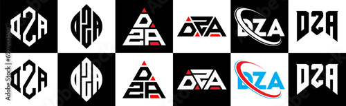 DZA letter logo design in six style. DZA polygon, circle, triangle, hexagon, flat and simple style with black and white color variation letter logo set in one artboard. DZA minimalist and classic logo