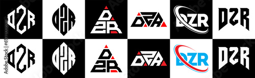 DZR letter logo design in six style. DZR polygon, circle, triangle, hexagon, flat and simple style with black and white color variation letter logo set in one artboard. DZR minimalist and classic logo photo