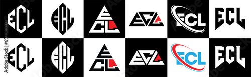ECL letter logo design in six style. ECL polygon, circle, triangle, hexagon, flat and simple style with black and white color variation letter logo set in one artboard. ECL minimalist and classic logo