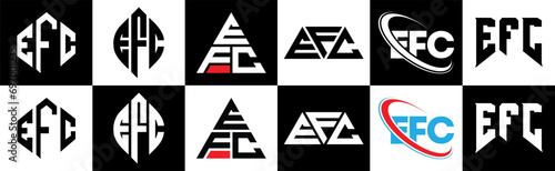 EFC letter logo design in six style. EFC polygon, circle, triangle, hexagon, flat and simple style with black and white color variation letter logo set in one artboard. EFC minimalist and classic logo