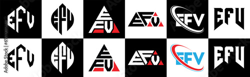 EFV letter logo design in six style. EFV polygon, circle, triangle, hexagon, flat and simple style with black and white color variation letter logo set in one artboard. EFV minimalist and classic logo