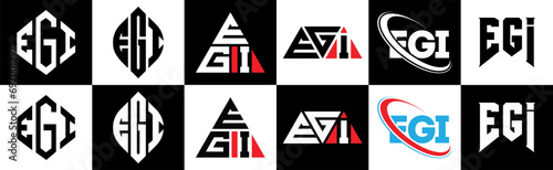 EGI letter logo design in six style. EGI polygon, circle, triangle, hexagon, flat and simple style with black and white color variation letter logo set in one artboard. EGI minimalist and classic logo