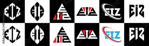 EIZ letter logo design in six style. EIZ polygon, circle, triangle, hexagon, flat and simple style with black and white color variation letter logo set in one artboard. EIZ minimalist and classic logo