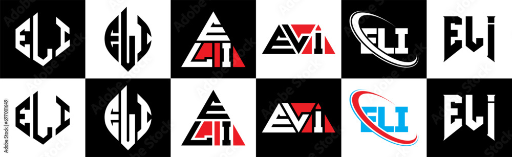 ELI letter logo design in six style. ELI polygon, circle, triangle, hexagon, flat and simple style with black and white color variation letter logo set in one artboard. ELI minimalist and classic logo ELI letter logo design in six style. ELI polygon, circle, triangle, hexagon, flat and simple style with black and white color variation letter logo set in one artboard. ELI minimalist and classic logo