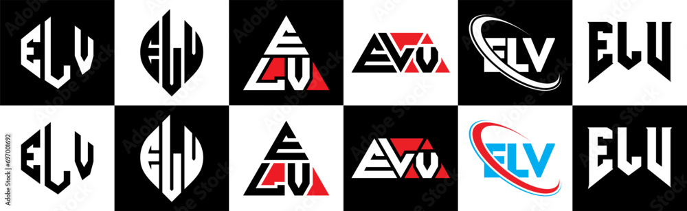 ELV letter logo design in six style. ELV polygon, circle, triangle, hexagon, flat and simple style with black and white color variation letter logo set in one artboard. ELV minimalist and classic logo ELV letter logo design in six style. ELV polygon, circle, triangle, hexagon, flat and simple style with black and white color variation letter logo set in one artboard. ELV minimalist and classic logo