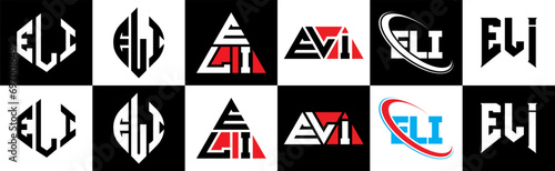 ELI letter logo design in six style. ELI polygon, circle, triangle, hexagon, flat and simple style with black and white color variation letter logo set in one artboard. ELI minimalist and classic logo