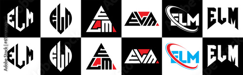 ELM letter logo design in six style. ELM polygon, circle, triangle, hexagon, flat and simple style with black and white color variation letter logo set in one artboard. ELM minimalist and classic logo