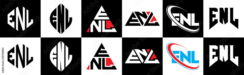 ENL letter logo design in six style. ENL polygon, circle, triangle, hexagon, flat and simple style with black and white color variation letter logo set in one artboard. ENL minimalist and classic logo ENL letter logo design in six style. ENL polygon, circle, triangle, hexagon, flat and simple style with black and white color variation letter logo set in one artboard. ENL minimalist and classic logo