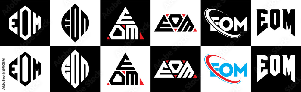 EOM letter logo design in six style. EOM polygon, circle, triangle, hexagon, flat and simple style with black and white color variation letter logo set in one artboard. EOM minimalist and classic logo EOM letter logo design in six style. EOM polygon, circle, triangle, hexagon, flat and simple style with black and white color variation letter logo set in one artboard. EOM minimalist and classic logo