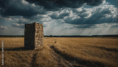 A tower assembled from sand blocks stands in the middle of a field, against a stormy sky and parched meadows. A melancholic atmosphere. Digitial illustration, generative ai art.   photo