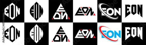 EON letter logo design in six style. EON polygon, circle, triangle, hexagon, flat and simple style with black and white color variation letter logo set in one artboard. EON minimalist and classic logo