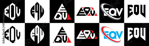 EQV letter logo design in six style. EQV polygon, circle, triangle, hexagon, flat and simple style with black and white color variation letter logo set in one artboard. EQV minimalist and classic logo photo